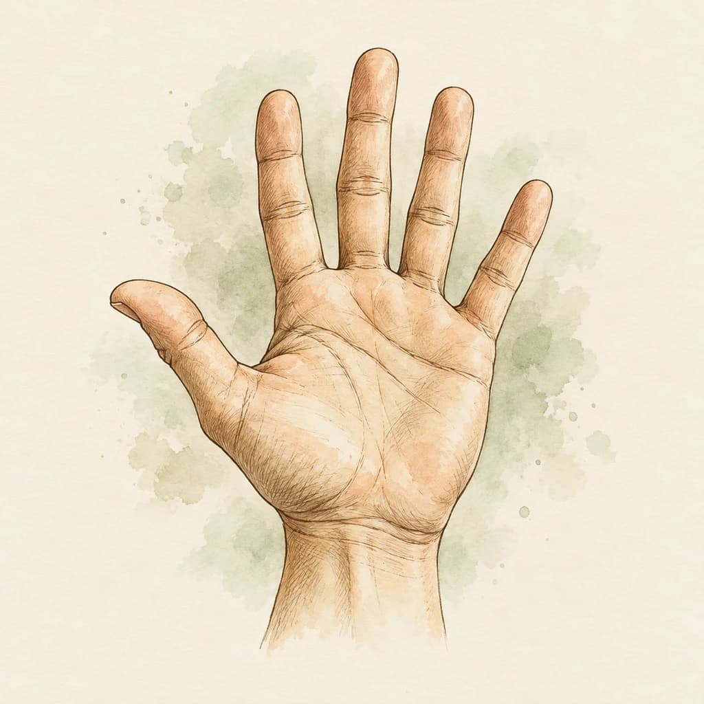 Illustration einer offenen Hand in warmen Braun- und Grüntönen.